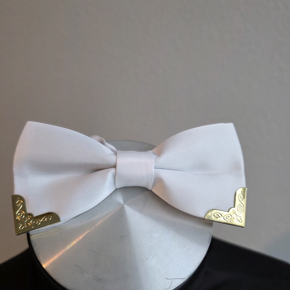White Bow Tie with Gold Accents